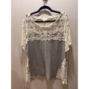 Amiya Womens 1X Crochet Lace Striped Short Sleeve Top Black White Boho Mixed Med